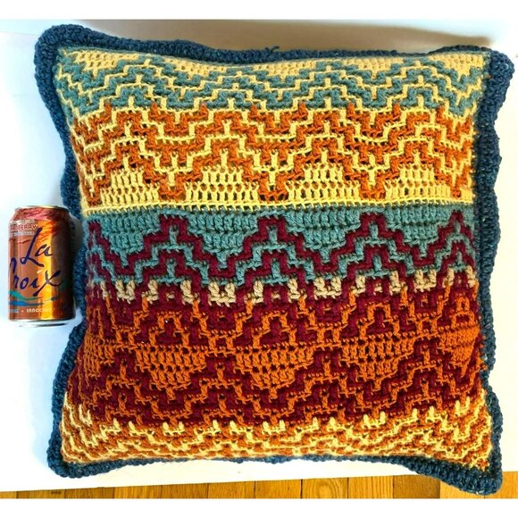 Vintage Knit Crochet Pillow Cover 1970's Mod Retro Hand Crafted 17"x17" - Picture 5 of 5